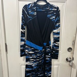 BCBGMaxAzria Blue and Black Abstract Long Sleeve Dress